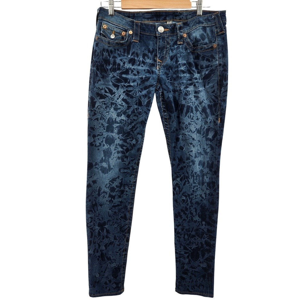 True Religion Skinny Flap Jeans Womens 31x30 Blue Floral Wash Stretch